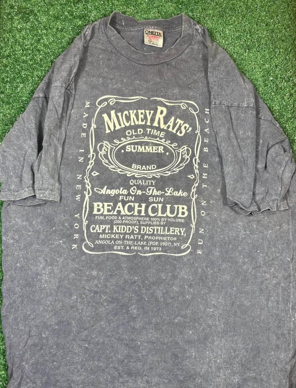 Oneita Mickey Rats Beach Club T-Shirt Size XL Vintage Acid Wash Grey
